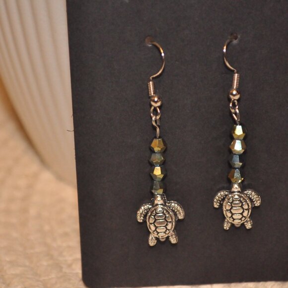 Iridescent Drop Earrings w/Silver Turtle Detail - Picture 3 of 3